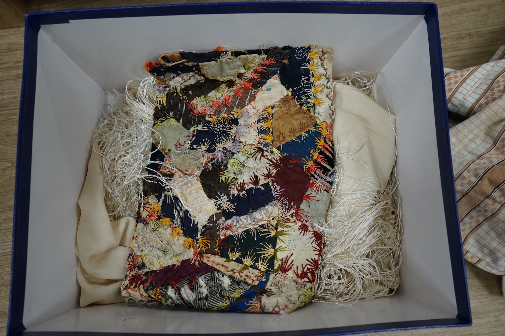 Textiles to include fringed shawl, USA sack, section of patchwork quilt and two dresses